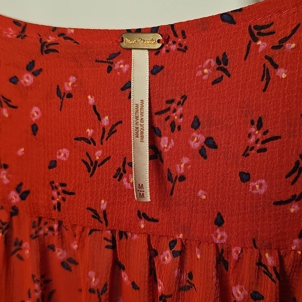Free People Womens Tied Square Keyhole Neckline Red Floral Polyester Blouse M - Picture 3 of 8